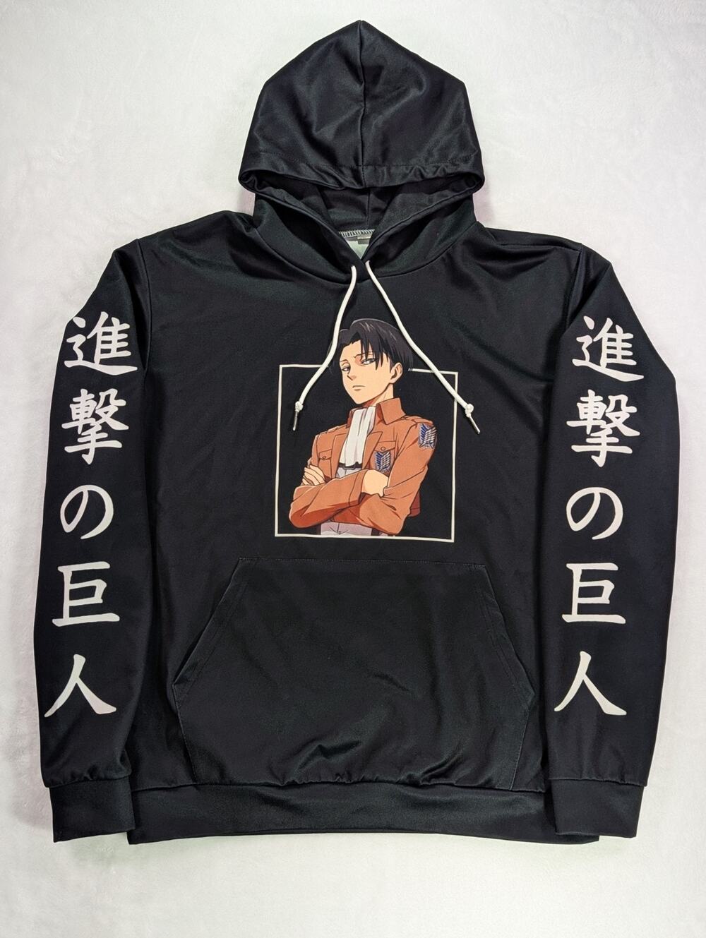 Attack On Titan Anime Hoodie Mens L Black Levi Ackerman Kanji Sleeve Sweatshirt